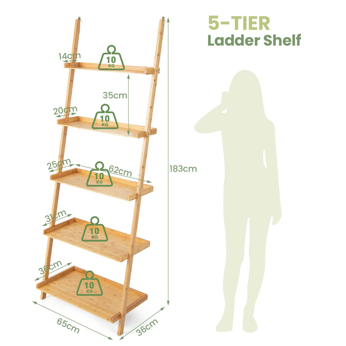 LIVSK Laddervormige Boekenkast van Bamboe - 5 Planken - Anti-Valranden - Waterdicht - 65 x 36 x 183 cm - Natuurlijk