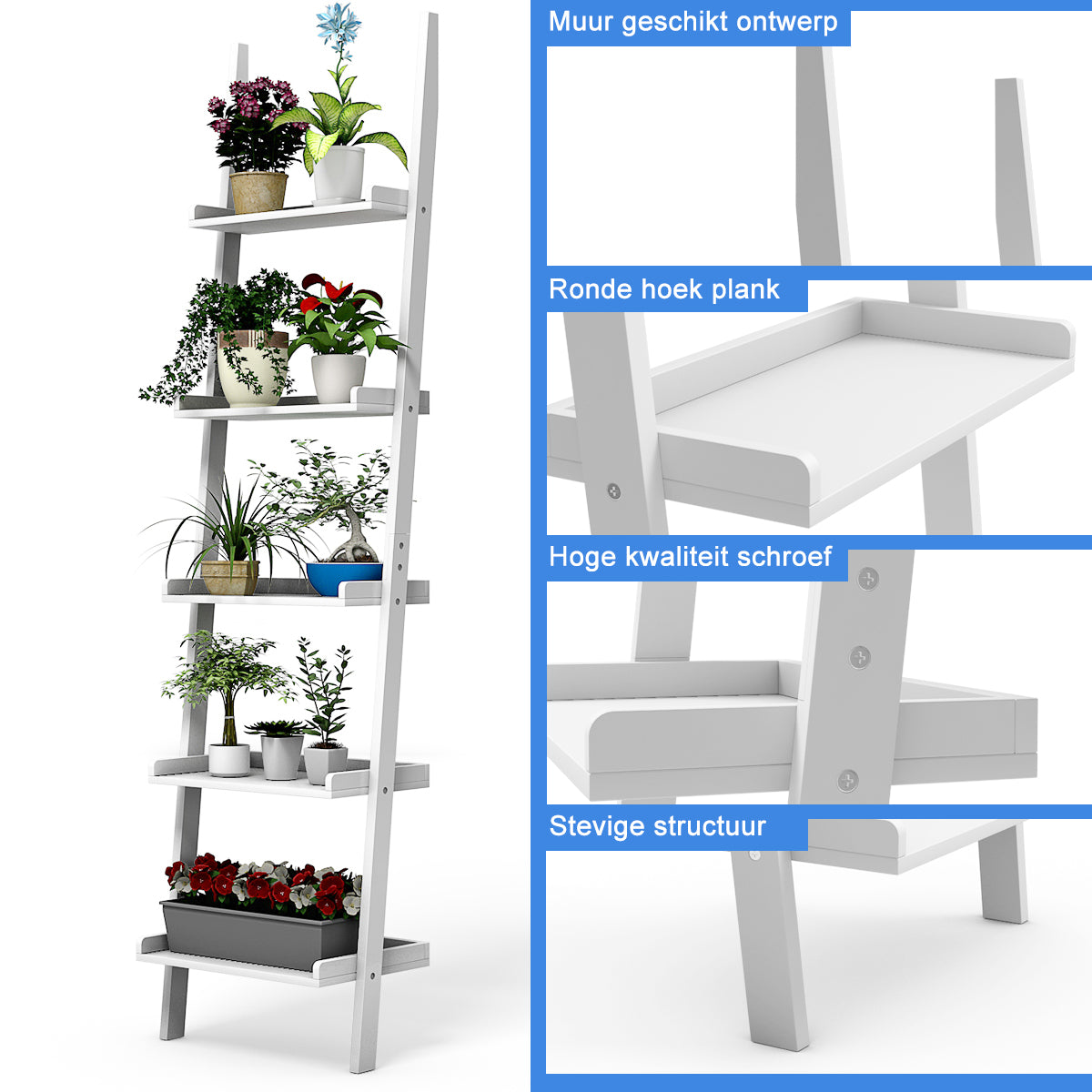 LIVSK Opbergrek Laddervormig - 5 Tiers met Stevige MDF - Diverse Breedtes voor Boeken en Decoratie - Wit