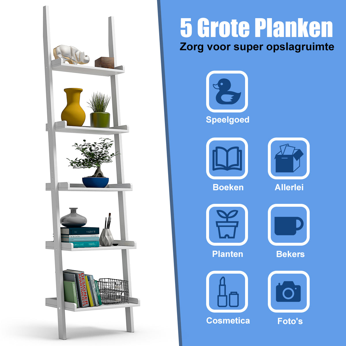 LIVSK Opbergrek Laddervormig - 5 Tiers met Stevige MDF - Diverse Breedtes voor Boeken en Decoratie - Wit