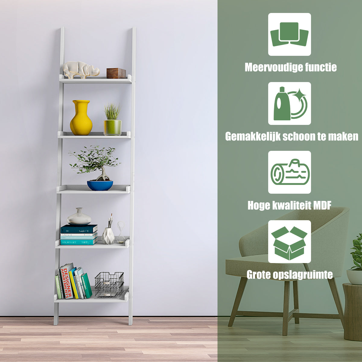 LIVSK Opbergrek Laddervormig - 5 Tiers met Stevige MDF - Diverse Breedtes voor Boeken en Decoratie - Wit