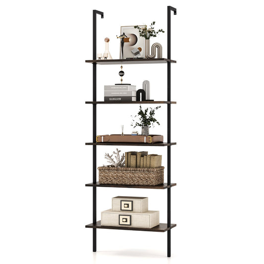LIVSK Wandladderplank - Gepoedercoate Stalen Structuur - Vijf Open Planken - Antislip Glijders - 60 x 30 x 180 cm - Zwart & Bruin
