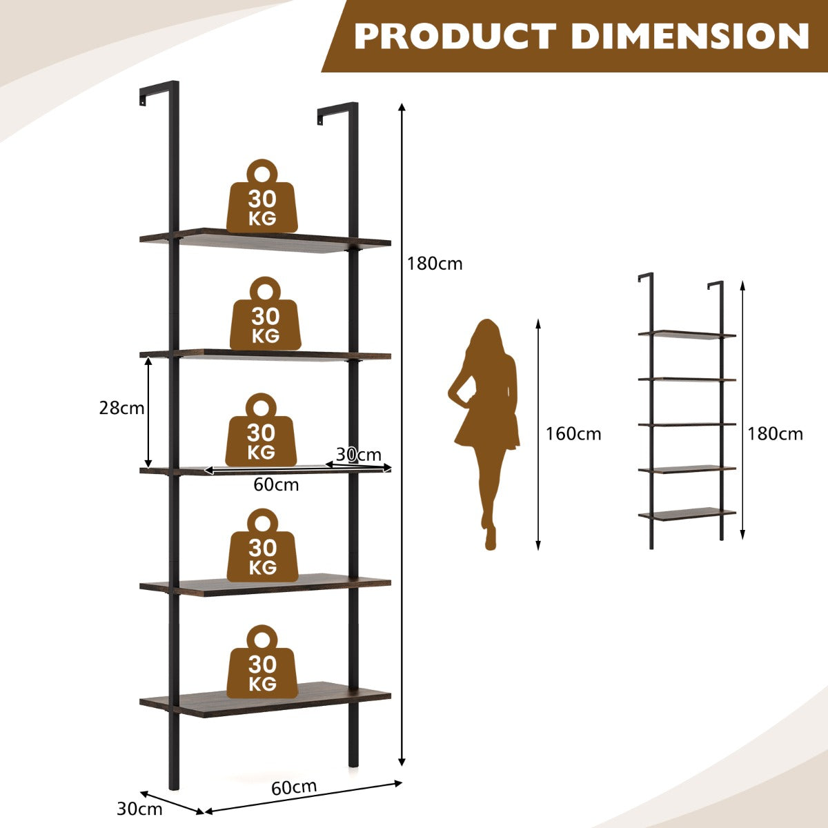 LIVSK Wandladderplank - Gepoedercoate Stalen Structuur - Vijf Open Planken - Antislip Glijders - 60 x 30 x 180 cm - Zwart & Bruin