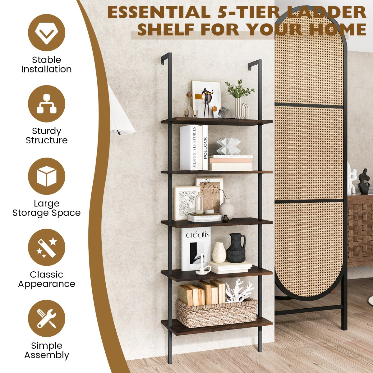 LIVSK Wandladderplank - Gepoedercoate Stalen Structuur - Vijf Open Planken - Antislip Glijders - 60 x 30 x 180 cm - Zwart & Bruin