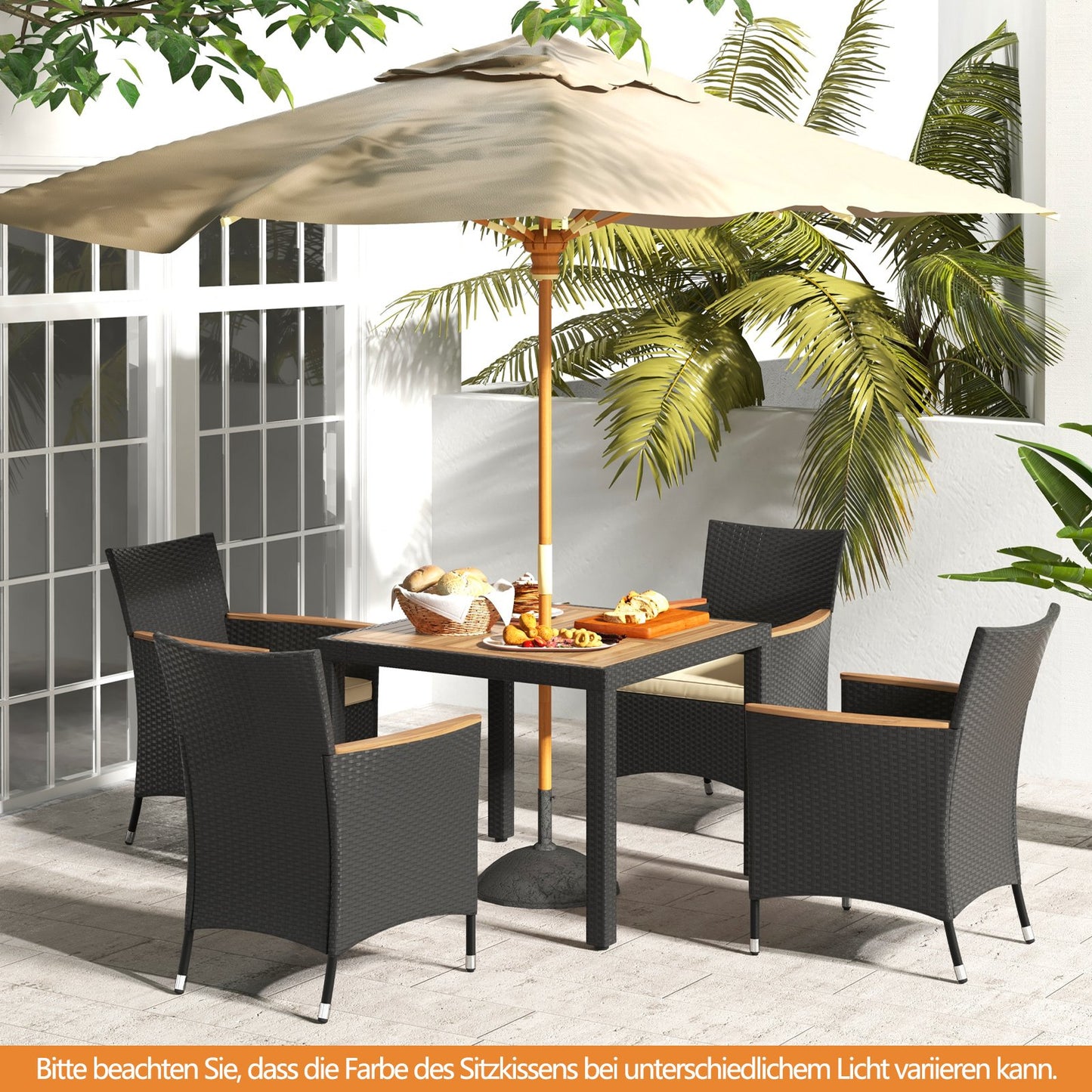 LIVSK Rattan Eettafelset - Acaciahouten Tafelblad - Parasolgat 5 cm - PE-rattan & Metaal - 4 Stoelen met Afneembare Kussens -