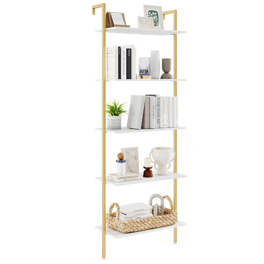 LIVSK 5-laags Boekenrek - Wandmontage met Verstelbare Voetkussentjes - Duurzaam Houten en Metalen Ontwerp - Modern - Houtkleur