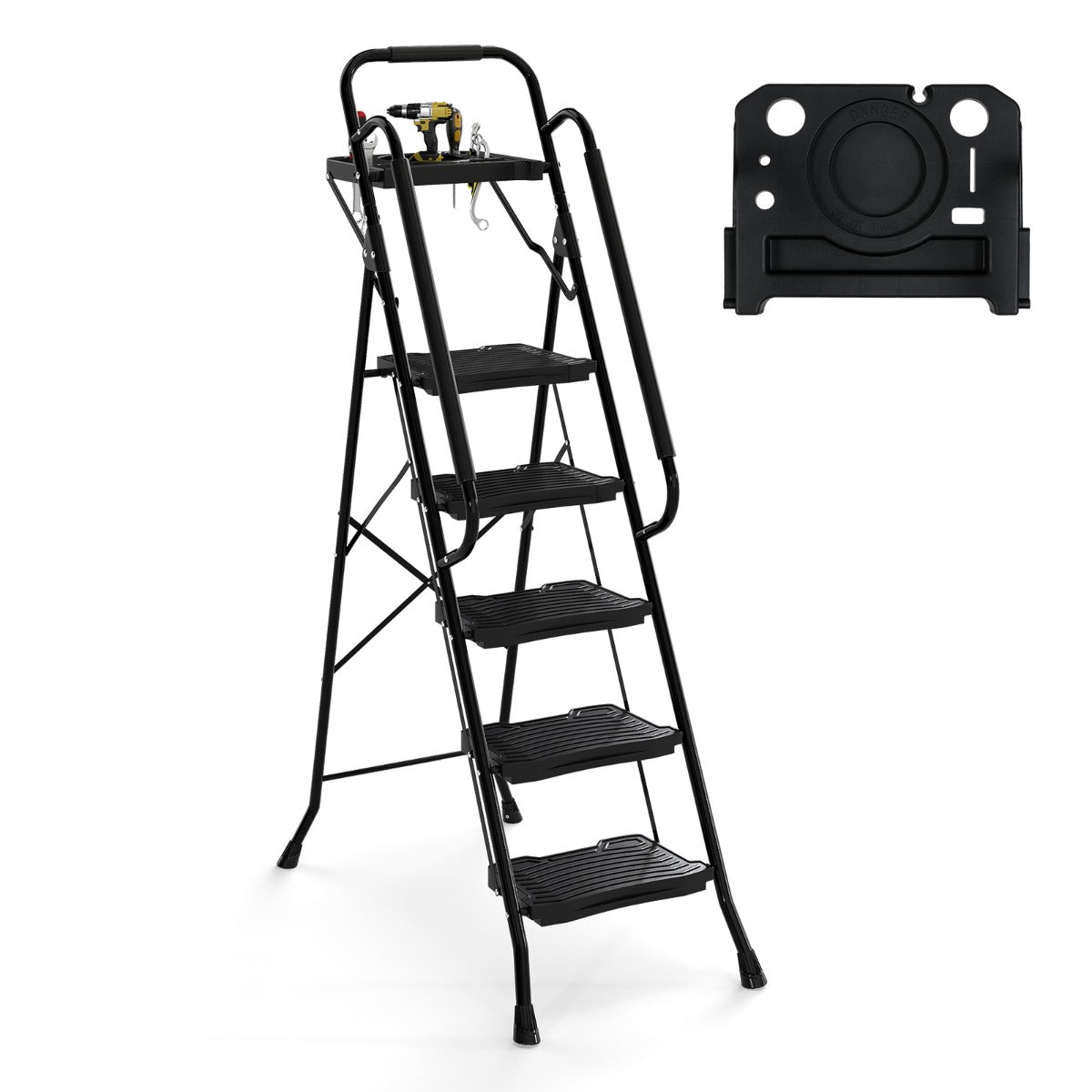 Livsk costway 5 treden ladder met gereedschapshouder vouwbare opstapladder tot 150 kg belastbaar vouwladder staand ladders
