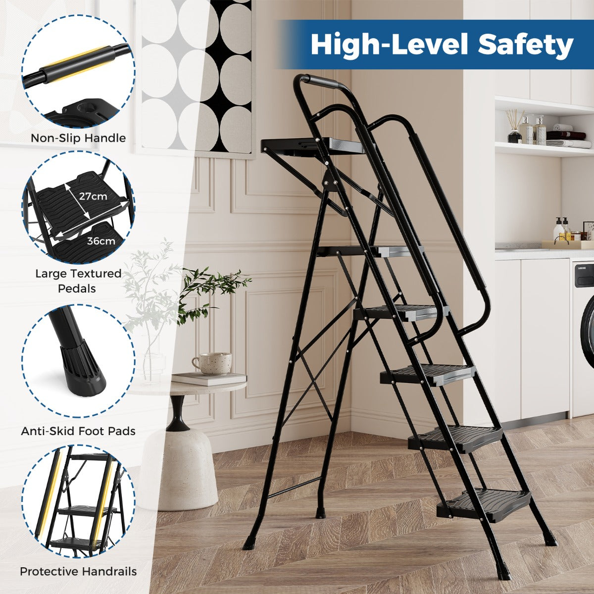 Livsk costway 5 treden ladder met gereedschapshouder vouwbare opstapladder tot 150 kg belastbaar vouwladder staand ladders 3