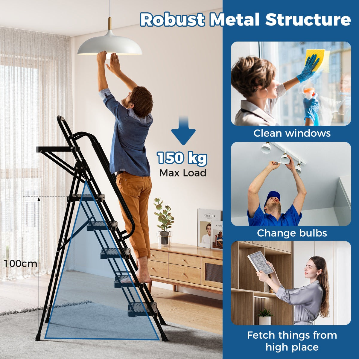 Livsk costway 5 treden ladder met gereedschapshouder vouwbare opstapladder tot 150 kg belastbaar vouwladder staand ladders 6