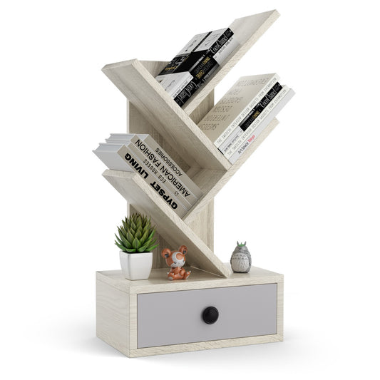 LIVSK Boomvormige Boekenkast - 5 Planken en Lade - Compact voor Bureau - Eenvoudige Montage - Beige + Grijs