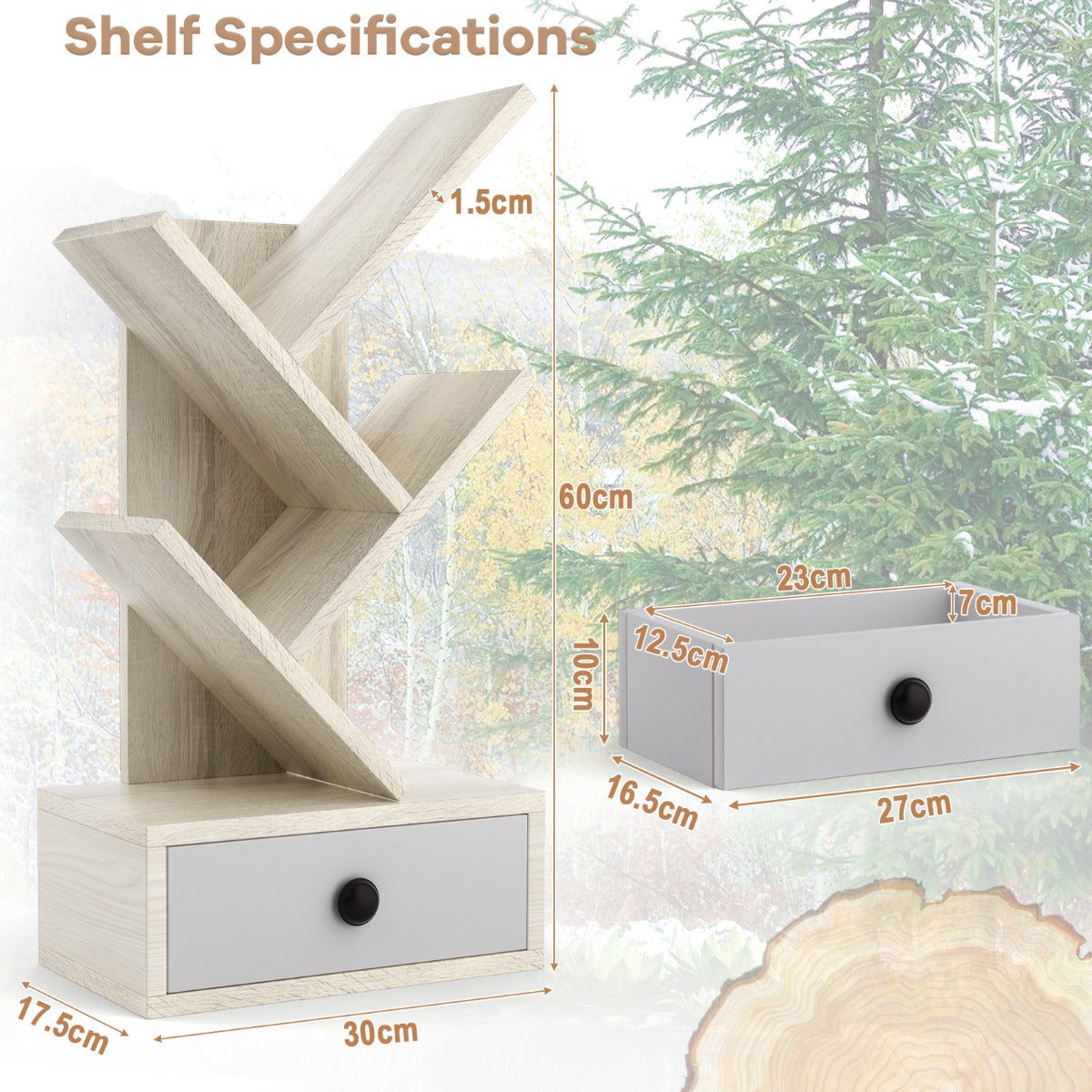 LIVSK Boomvormige Boekenkast - 5 Planken en Lade - Compact voor Bureau - Eenvoudige Montage - Beige + Grijs