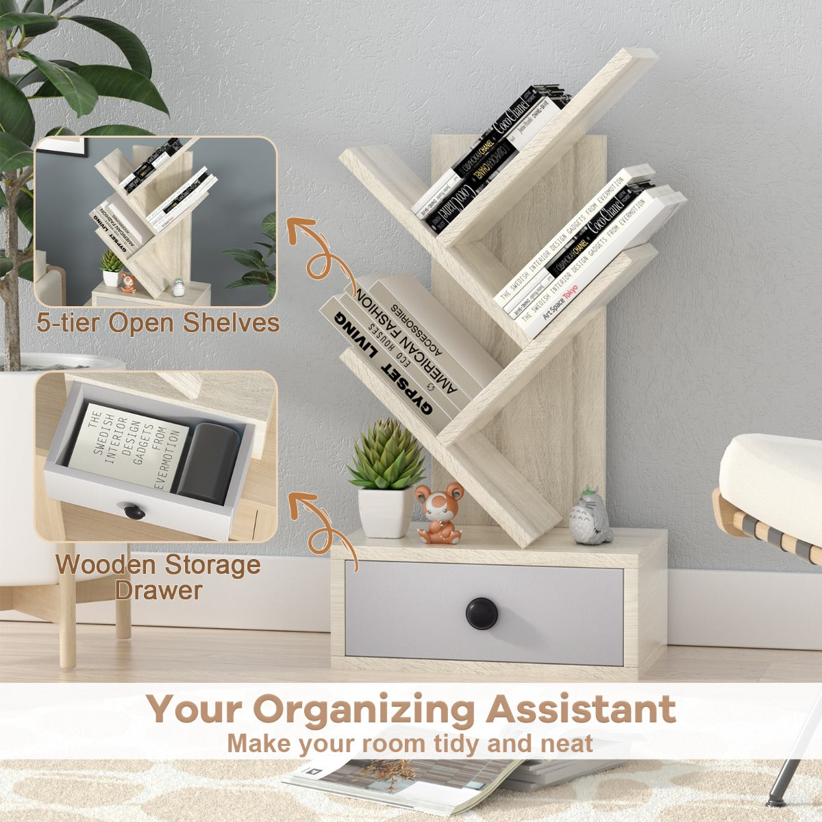 LIVSK Boomvormige Boekenkast - 5 Planken en Lade - Compact voor Bureau - Eenvoudige Montage - Beige + Grijs