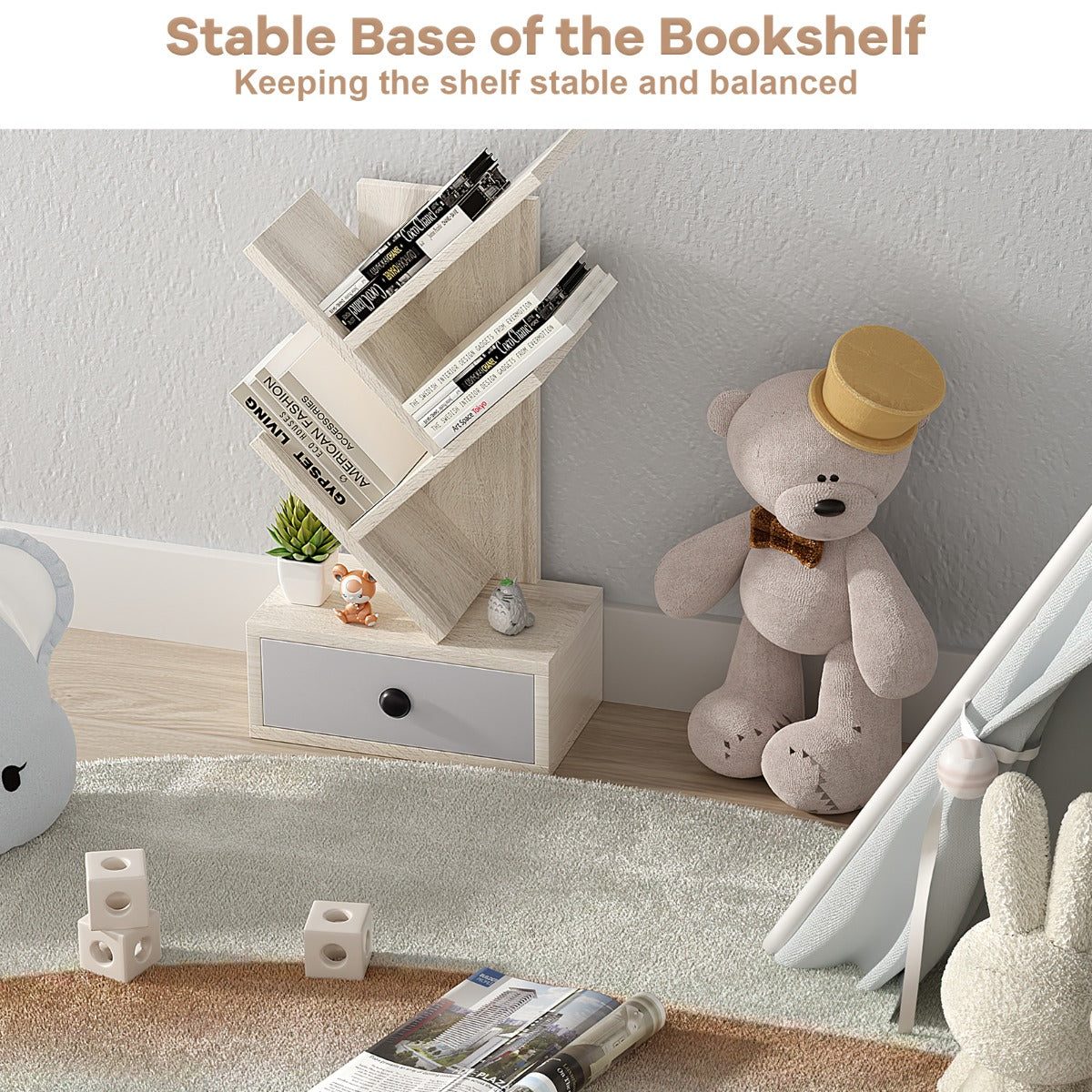 LIVSK Boomvormige Boekenkast - 5 Planken en Lade - Compact voor Bureau - Eenvoudige Montage - Beige + Grijs