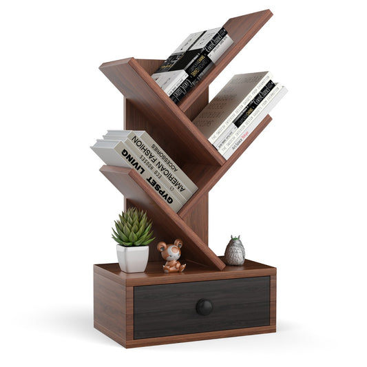 LIVSK Boomvormige Boekenkast - 5 Planken en Lade - Compact voor Bureau - Gelamineerd Hout - Bruin + Zwart