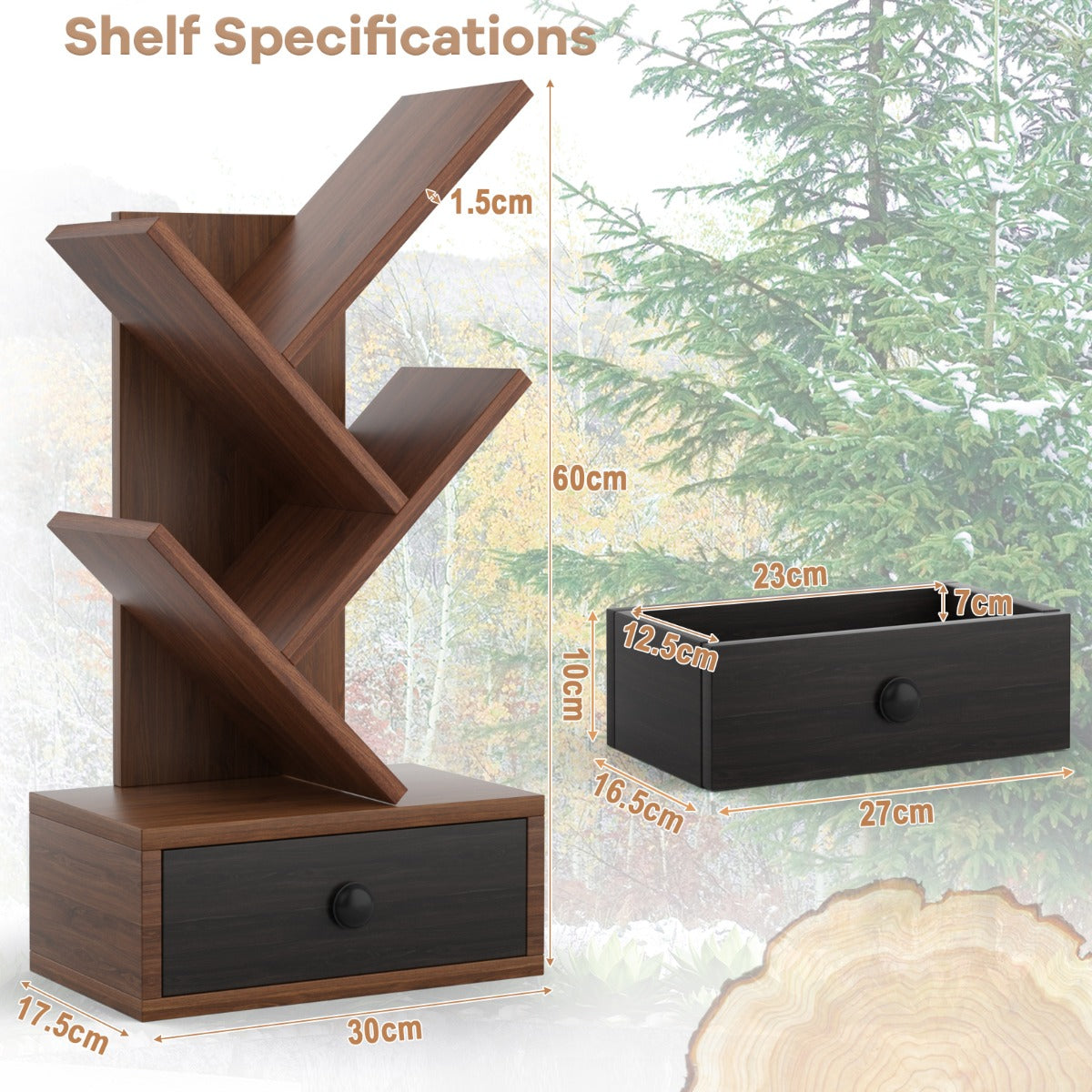 LIVSK Boomvormige Boekenkast - 5 Planken en Lade - Compact voor Bureau - Gelamineerd Hout - Bruin + Zwart