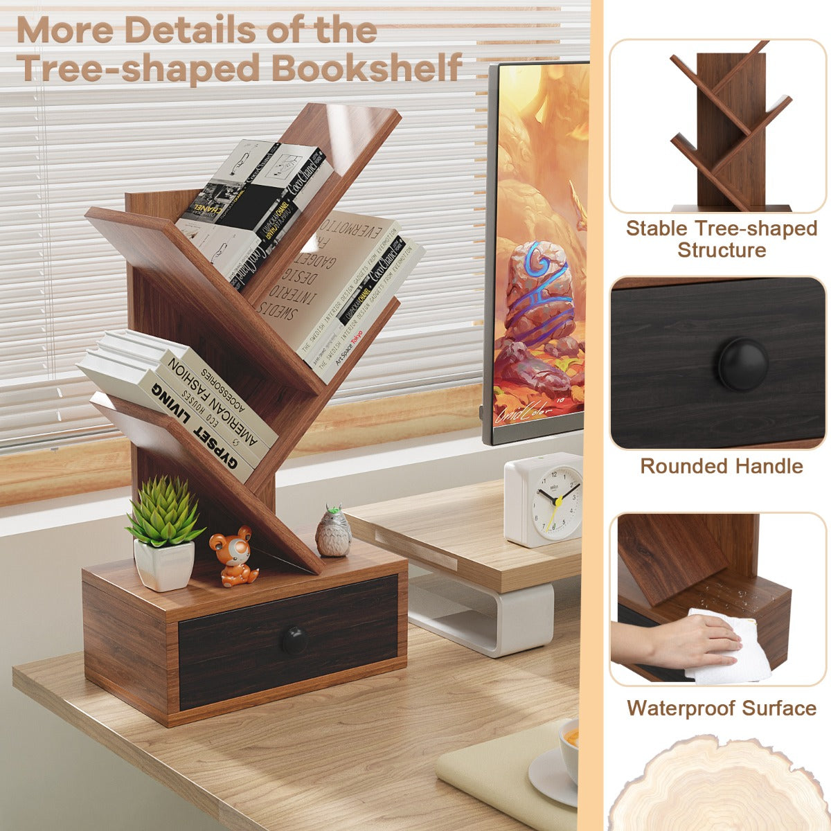 LIVSK Boomvormige Boekenkast - 5 Planken en Lade - Compact voor Bureau - Gelamineerd Hout - Bruin + Zwart
