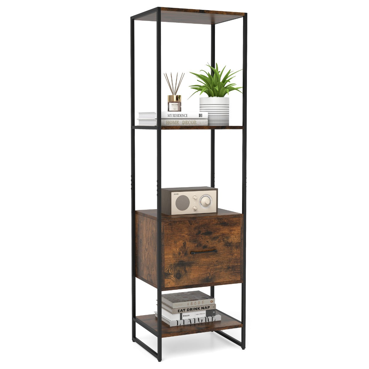 LIVSK Vrijstaande Boekenkast met Lade - Stevig Metaal - 5 Niveaus - Antikantelsets - Slank Ontwerp - 45 x 35 x 160 cm - Rustiek