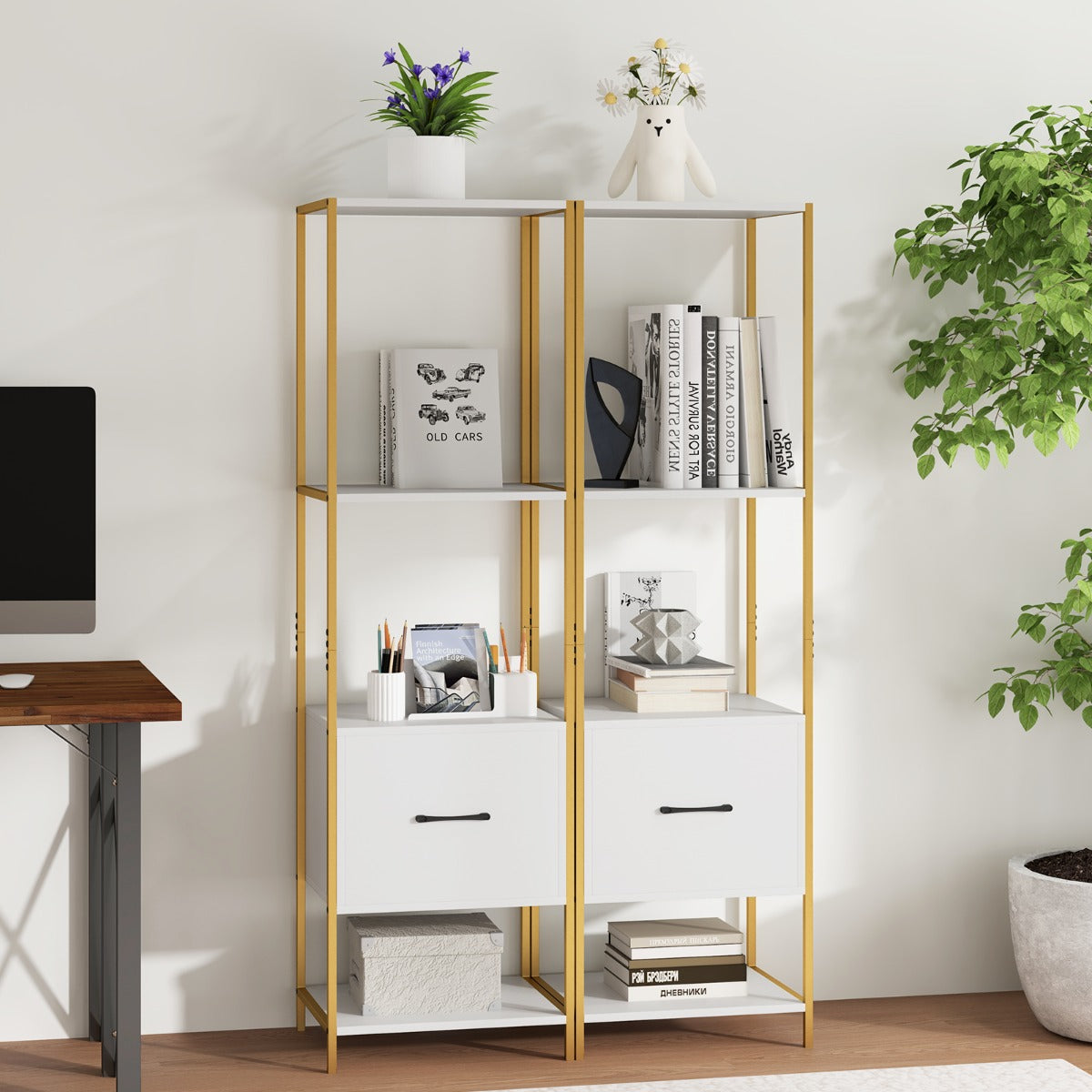 LIVSK Boekenkast met Lade - 5 Niveaus - Stevig Metalen Frame - Ruimtebesparend - Tot 60 kg - Rustiek bruin & zwart