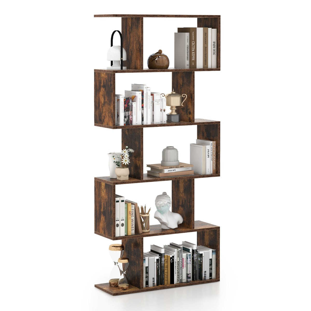 LIVSK S-vormige Boekenkast - Uniek Geometrisch Ontwerp - Vijf Open Legplanken - Duurzaam Multiplex - 70 x 23,5 x 158 cm - Rustiek