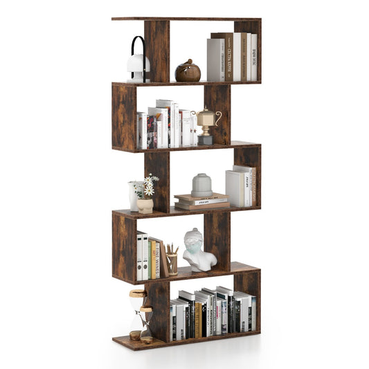 LIVSK S-vormige Boekenkast - Uniek Geometrisch Ontwerp - Vijf Open Legplanken - Duurzaam Multiplex - 70 x 23,5 x 158 cm - Rustiek