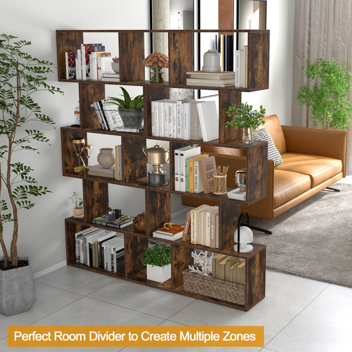 LIVSK S-vormige Boekenkast - Uniek Geometrisch Ontwerp - Vijf Open Legplanken - Duurzaam Multiplex - 70 x 23,5 x 158 cm - Rustiek