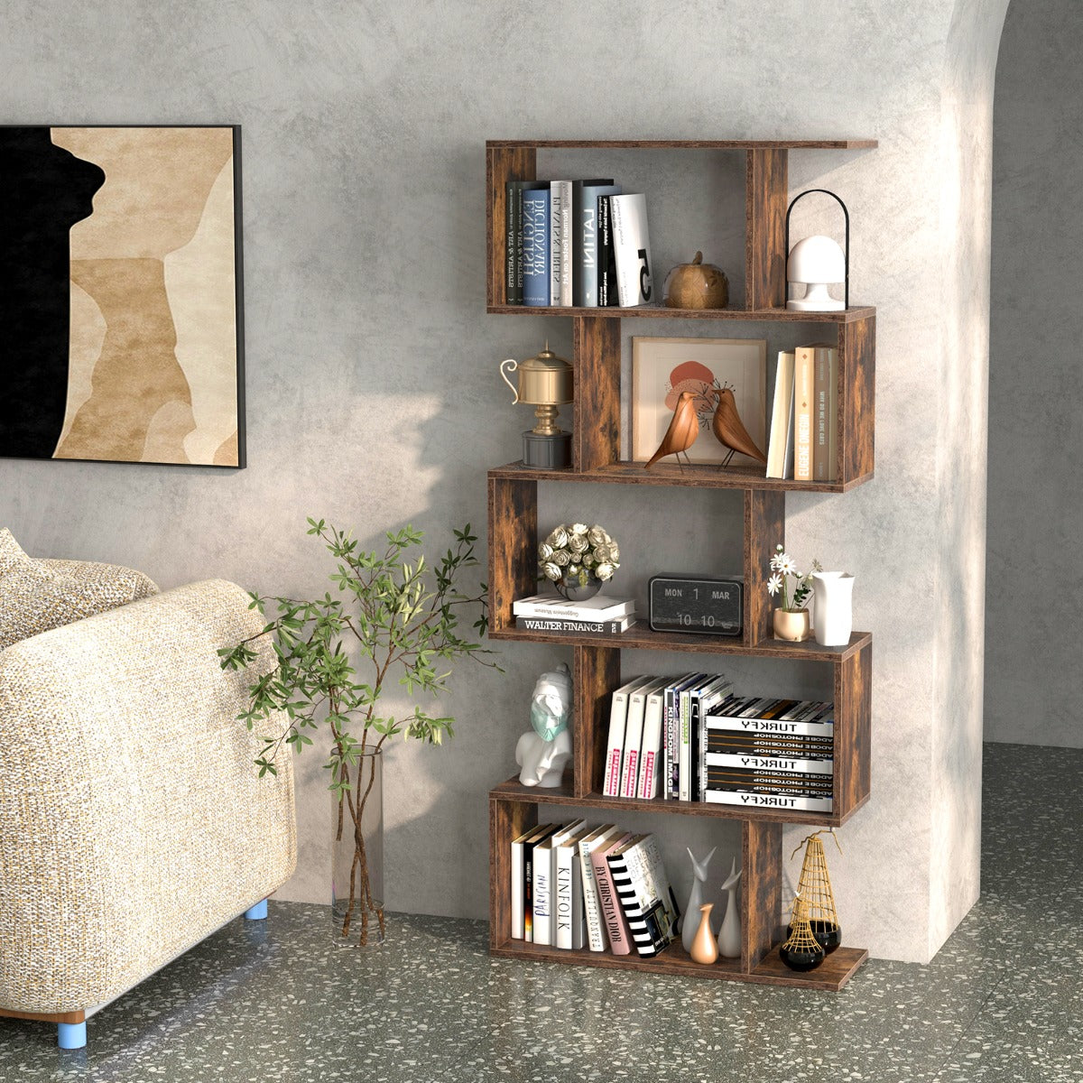 LIVSK S-vormige Boekenkast - Uniek Geometrisch Ontwerp - Vijf Open Legplanken - Duurzaam Multiplex - 70 x 23,5 x 158 cm - Rustiek