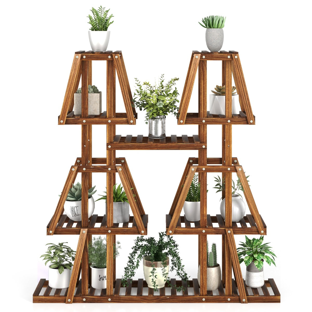 LIVSK Houten Plantenstandaard met 5 Etages - 10 Planken - Hoog-Laag Structuur - Duurzaam Grenenhout - 113 x 27 x 114 cm - Bruin