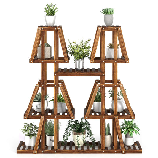 LIVSK Houten Plantenstandaard met 5 Etages - 10 Planken - Hoog-Laag Structuur - Duurzaam Grenenhout - 113 x 27 x 114 cm - Bruin