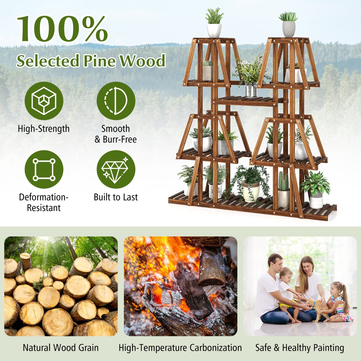 LIVSK Houten Plantenstandaard met 5 Etages - 10 Planken - Hoog-Laag Structuur - Duurzaam Grenenhout - 113 x 27 x 114 cm - Bruin