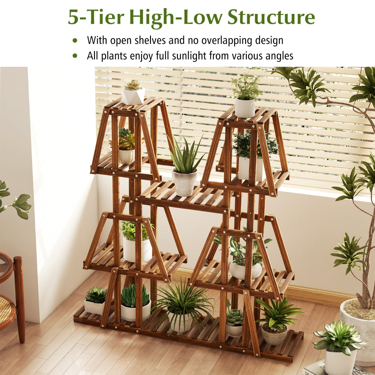 LIVSK Houten Plantenstandaard met 5 Etages - 10 Planken - Hoog-Laag Structuur - Duurzaam Grenenhout - 113 x 27 x 114 cm - Bruin