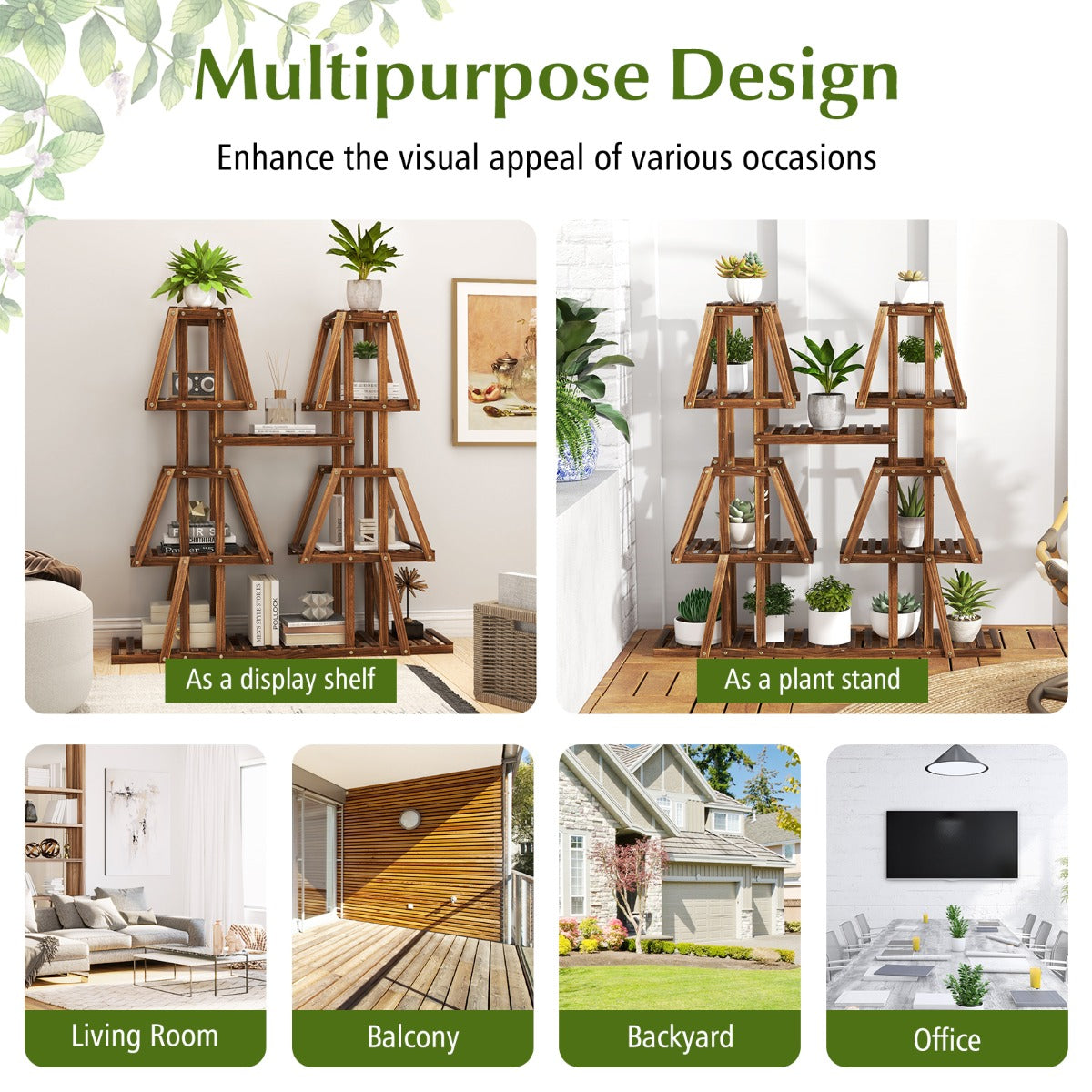 LIVSK Houten Plantenstandaard met 5 Etages - 10 Planken - Hoog-Laag Structuur - Duurzaam Grenenhout - 113 x 27 x 114 cm - Bruin