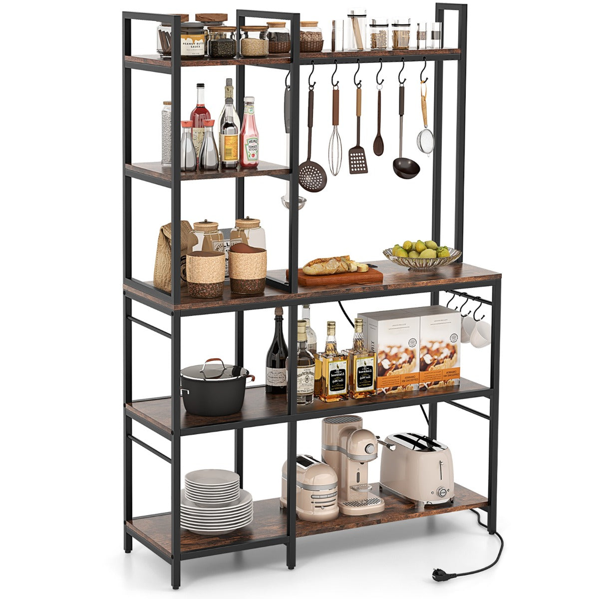 LIVSK 5-laags stellingkast met oplaadstation - 10 haken - Verstelbare glijders - Duurzaam en stijlvol - 107 x 37 x 160 cm -