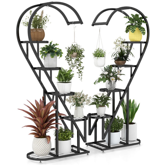 LIVSK Plantenstandaard 5-vaks Metaal - Duurzaam en Stabiel - 4 Ophanghaken - 8 Verstelbare Glijders - 71 x 30,5 x 148 cm - Zwart