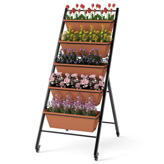 LIVSK 5-laags Verhoogd Tuinbed - Verticale Structuur met Hoekverstelling - Weerbestendig PP - 4 Wielen - 57 x 74 x 132 cm - Bruin