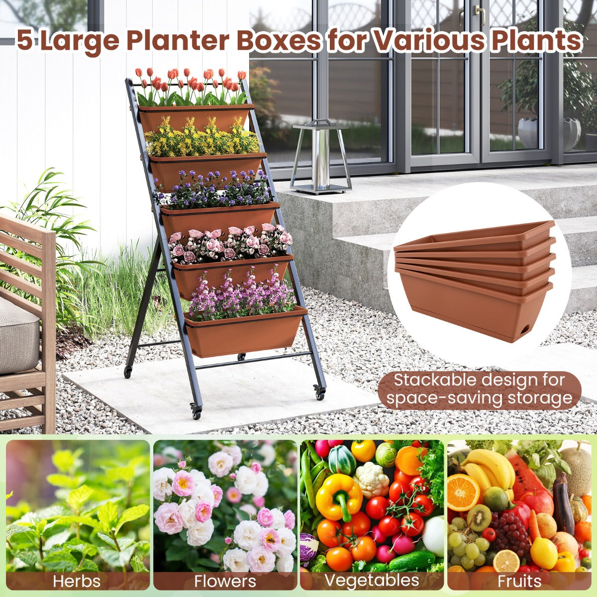 LIVSK 5-laags Verhoogd Tuinbed - Verticale Structuur met Hoekverstelling - Weerbestendig PP - 4 Wielen - 57 x 74 x 132 cm - Bruin