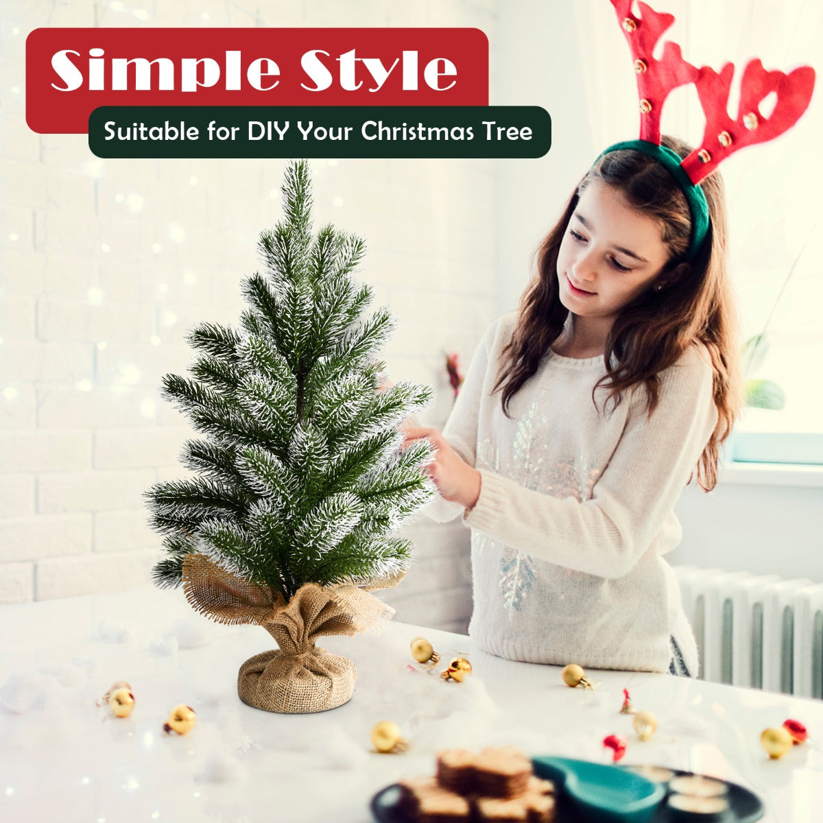LIVSK Tafelkerstboom - Kunstmatig met Sneeuwvlokken - PE Materiaal - Cementen Basis met Jute - Hoogte 50 cm - Groen