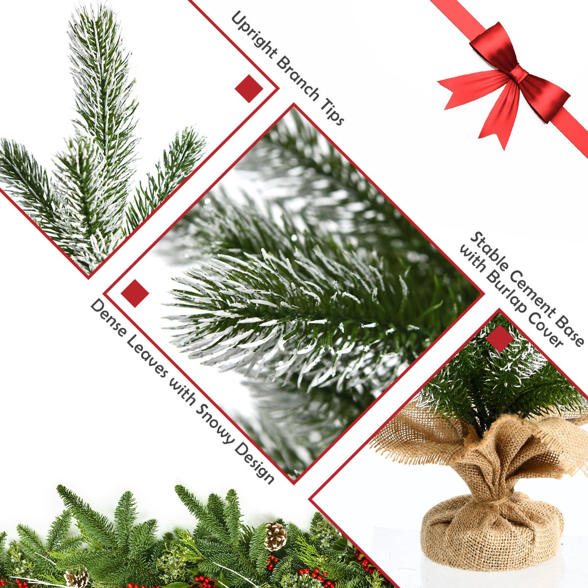 LIVSK Tafelkerstboom - Kunstmatig met Sneeuwvlokken - PE Materiaal - Cementen Basis met Jute - Hoogte 50 cm - Groen