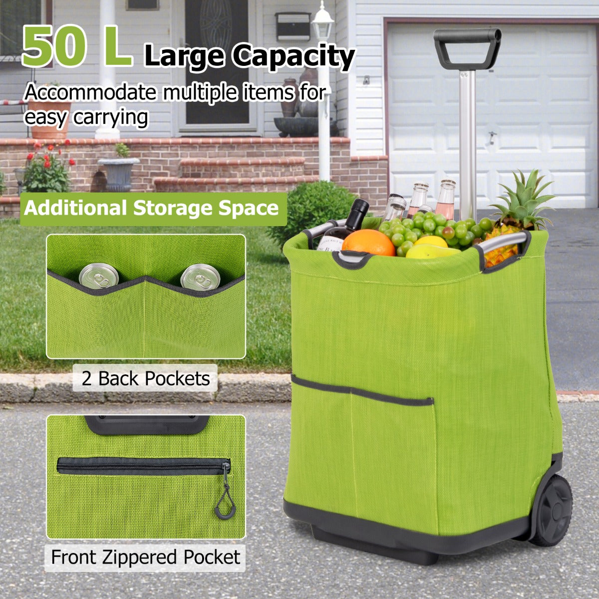 Livsk costway 50 l opvouwbare boodschappentrolley draagbare multifunctionele trolley met 3 vakken voor winkelen kamperen wassen picknicken 4