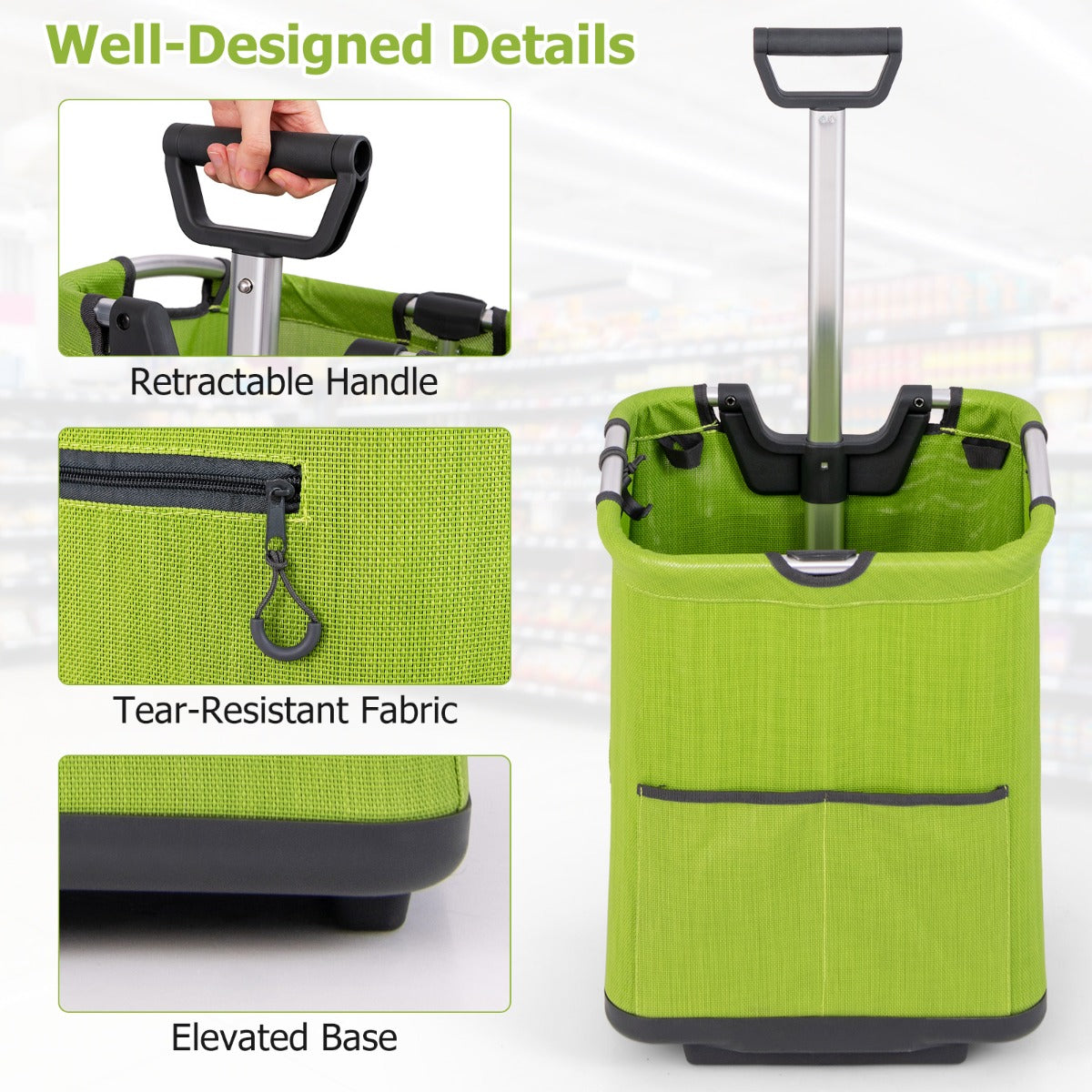 Livsk costway 50 l opvouwbare boodschappentrolley draagbare multifunctionele trolley met 3 vakken voor winkelen kamperen wassen picknicken 6