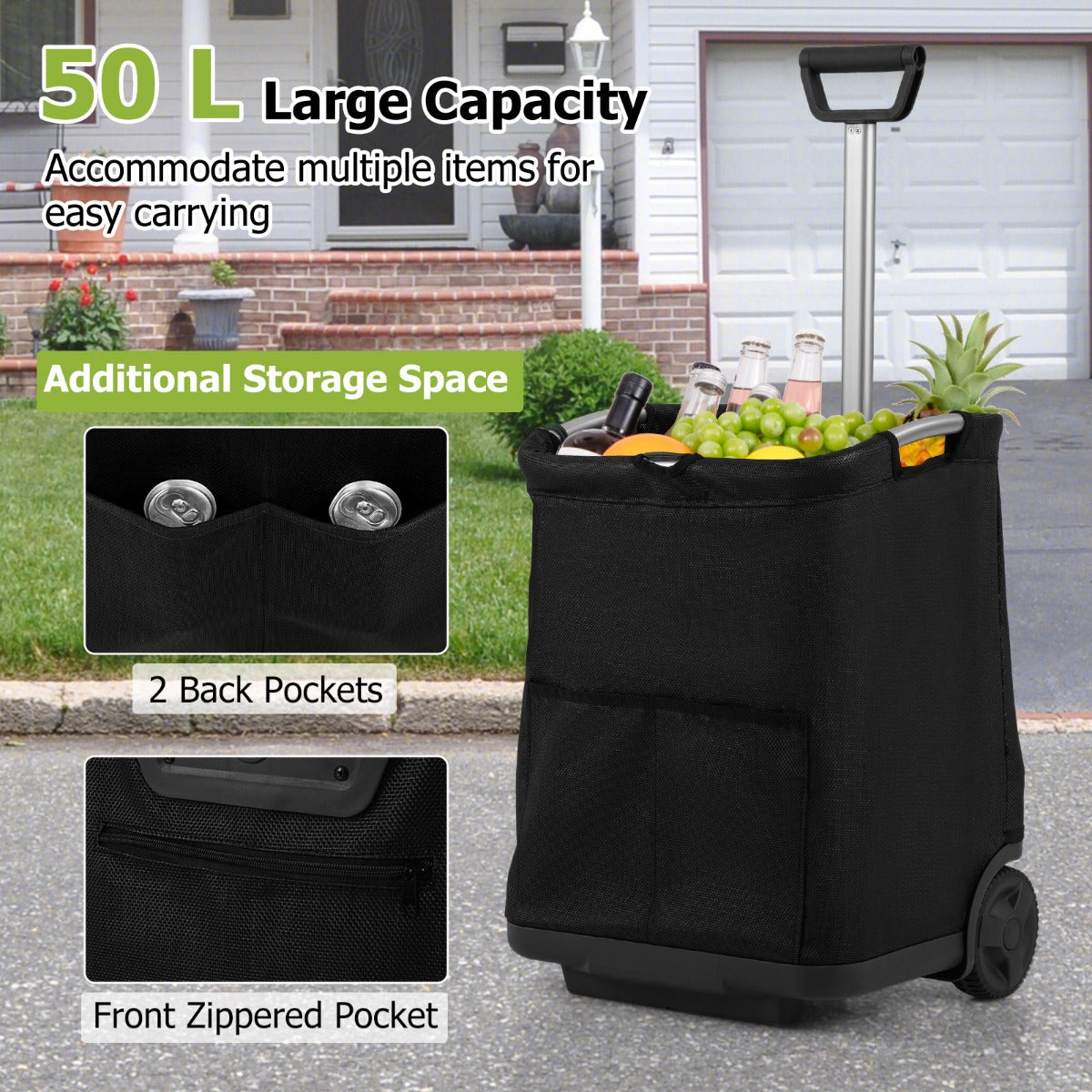 Livsk costway 50 liter opvouwbare boodschappentrolley draagbare multifunctionele kar met drie opbergtassen 3