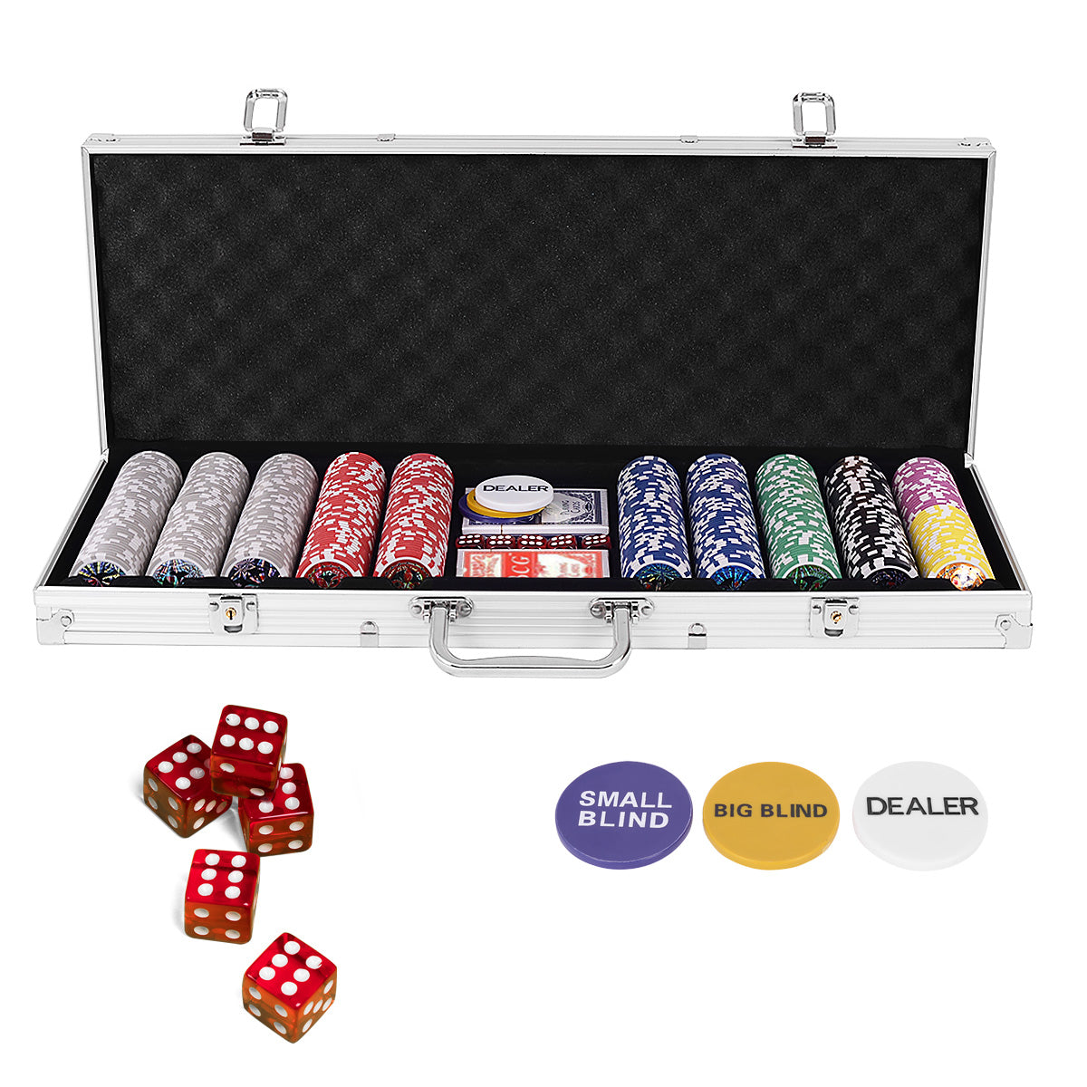 LIVSK 500 Stuks Pokerset - Inclusief Speelkaarten, Dobbelstenen en Tafelkleed - Aluminium Koffer - Geschikt voor Alle Leeftijden