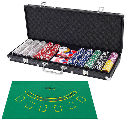LIVSK Poker Set - 500 Fiches - 2 Speelkaarten - 5 Dobbelstenen - Aluminium Koffer - Tafelkleed - Zwart