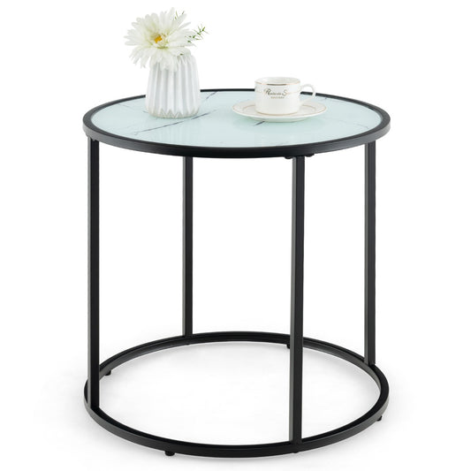 LIVSK Moderne Bijzettafel - Gehard Glazen Blad in Marmerlook - Stevig Metalen Frame - 50 x 50 x 50 cm - Zwart en Wit