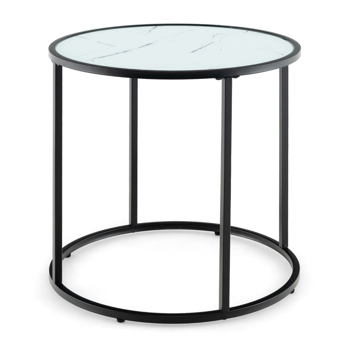 LIVSK Moderne Bijzettafel - Gehard Glazen Blad in Marmerlook - Stevig Metalen Frame - 50 x 50 x 50 cm - Zwart en Wit