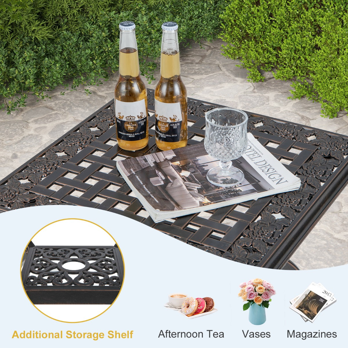 LIVSK Bijzettafel voor Buiten - Roestvrij Gegoten Aluminium met Bloemmotief - Ruim Blad en Opbergplank - 53 x 53 x 48 cm - Koper