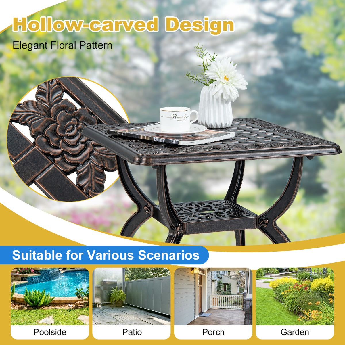 LIVSK Bijzettafel voor Buiten - Roestvrij Gegoten Aluminium met Bloemmotief - Ruim Blad en Opbergplank - 53 x 53 x 48 cm - Koper
