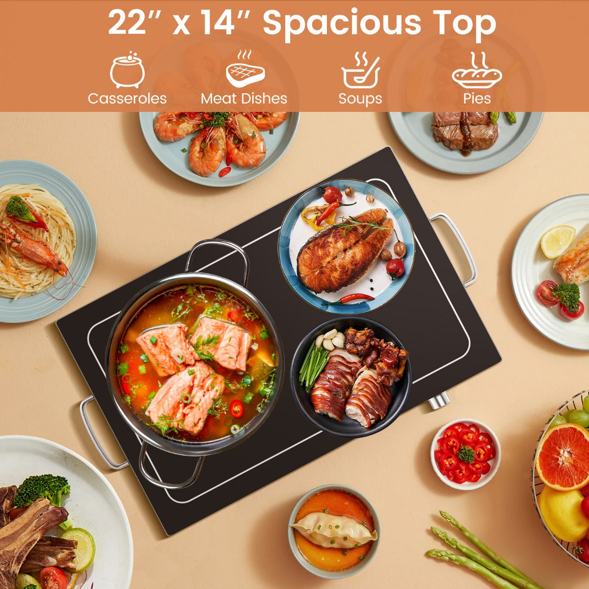 LIVSK Elektrische Buffetwarmer - 300 W met Temperatuurregeling 50-120 °C - Roestvrij Staal - 56 x 36 cm - Zilver + Zwart