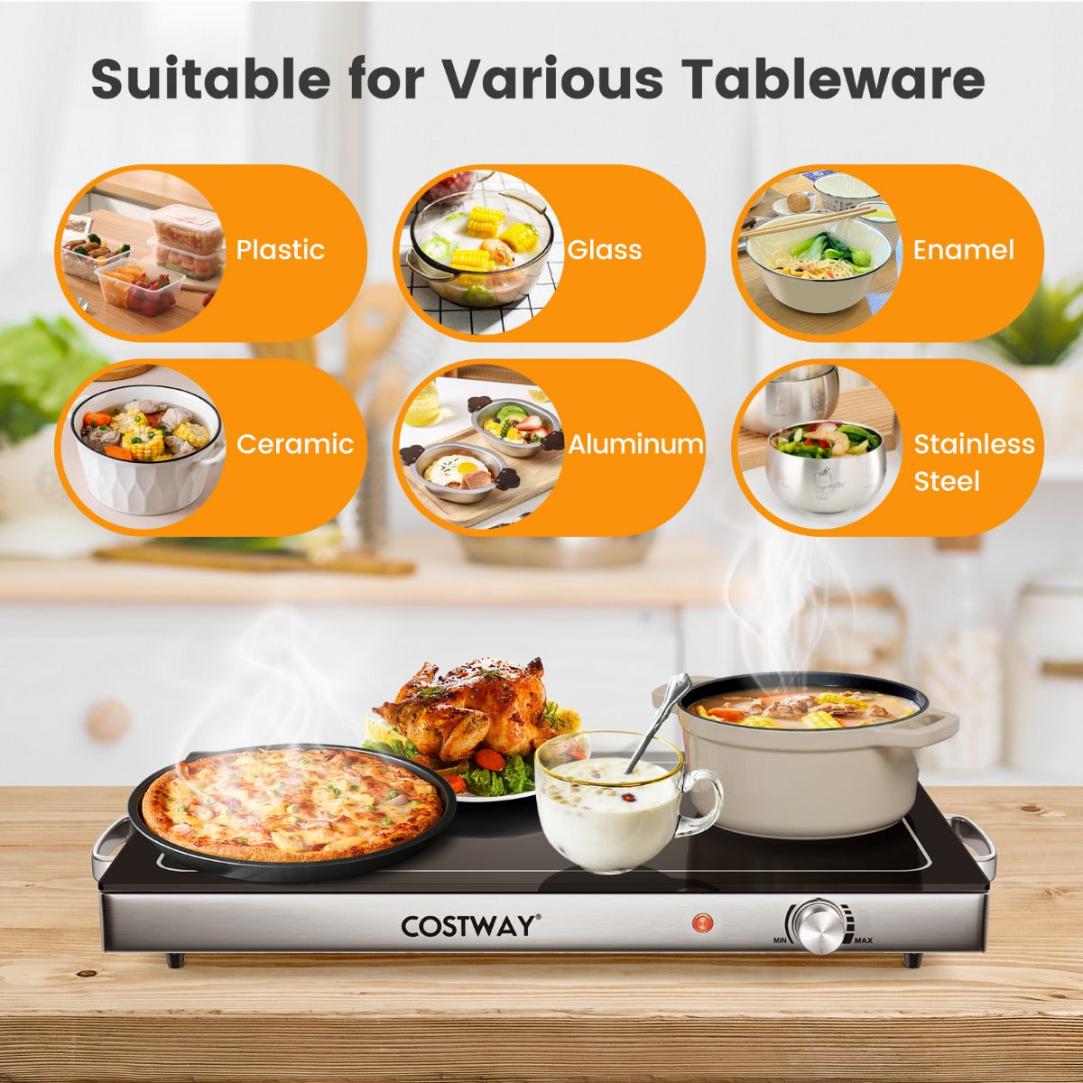 LIVSK Elektrische Buffetwarmer - 300 W met Temperatuurregeling 50-120 °C - Roestvrij Staal - 56 x 36 cm - Zilver + Zwart