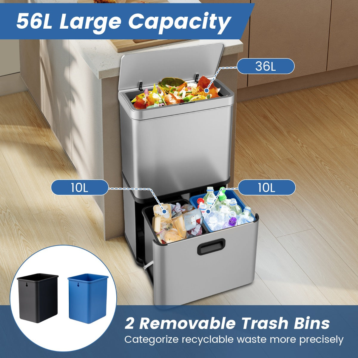 LIVSK Bewegingssensor Prullenbak - 56L Capaciteit - 36L Bovenste Vak - 2 Uitneembare Containers - Soft-close -