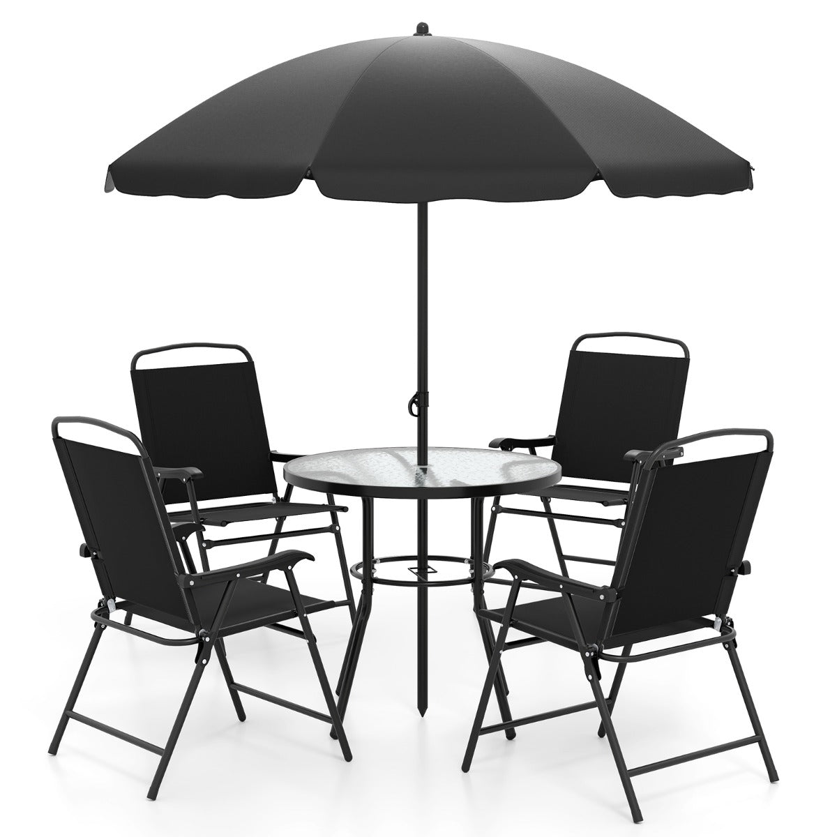 LIVSK 6-delige Tuin Eetset met Parasol - 4 Opklapbare Stoelen - Ronde Tafel van Gehard Glas - Ergonomisch - Zwart