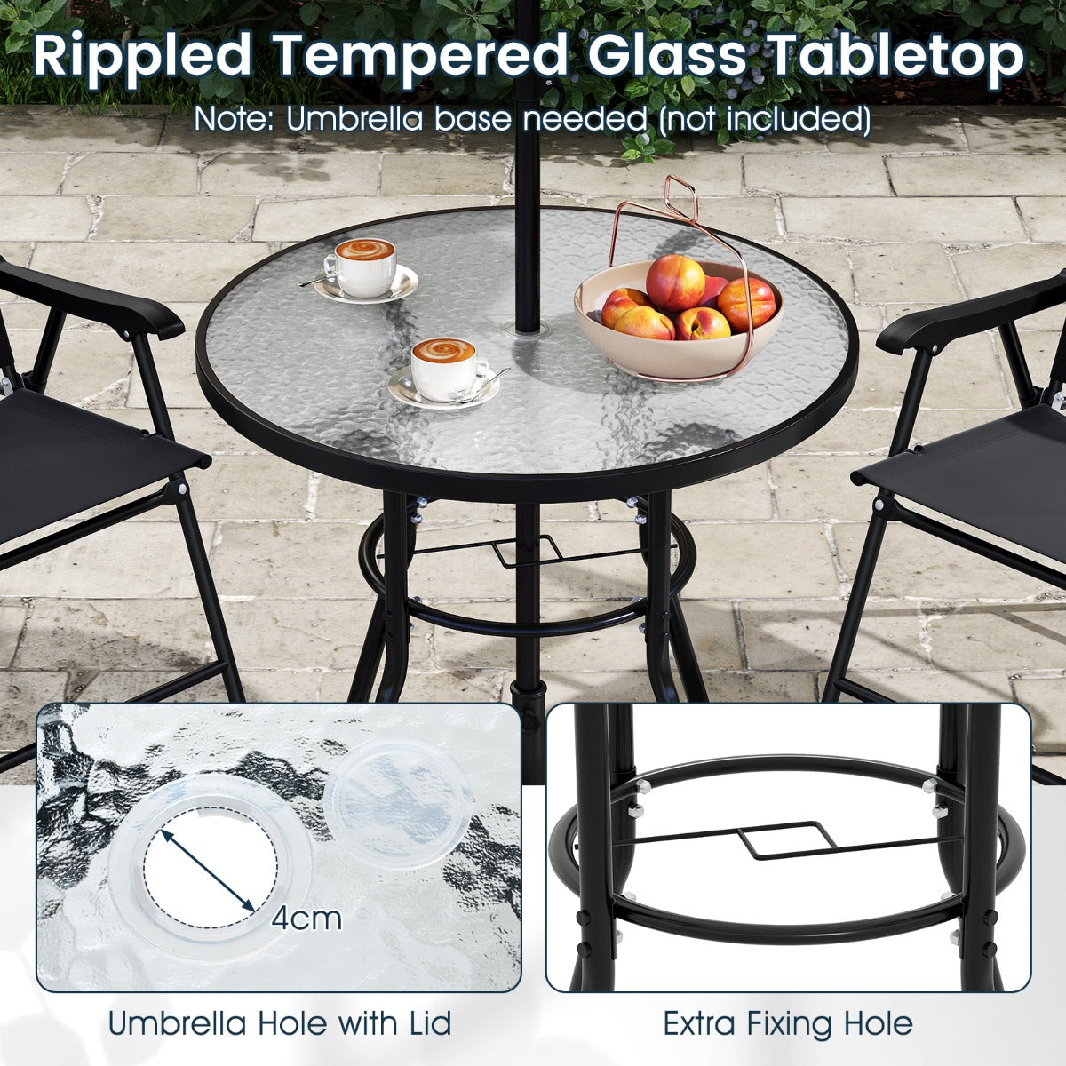 LIVSK 6-delige Tuin Eetset met Parasol - 4 Opklapbare Stoelen - Ronde Tafel van Gehard Glas - Ergonomisch - Zwart